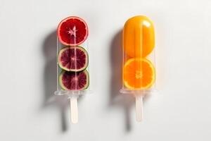 ai genererad olika frukt popsicles är placerad på de styrelse bakgrund. neuralt nätverk ai genererad foto