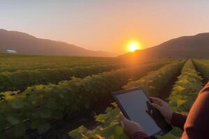 ai genererad jordbrukare med en läsplatta dator i främre av en solnedgång jordbruks landskap. neuralt nätverk ai genererad foto