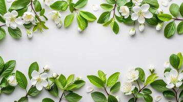 ai genererad springtime blommig gräns med vit körsbär blomma och grön löv på en vit bakgrund, perfekt för bröllop inbjudningar och hälsning kort för påsk eller mödrar dag foto