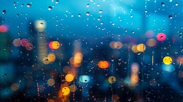 ai genererad regndroppar på glas med stad lampor bokeh effekt, abstrakt bakgrund för väder koncept, urban regn, eller monsun säsong foto