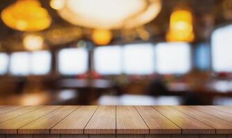 ai genererad tömma trä- tabell topp med lampor bokeh på fläck restaurang bakgrund. foto