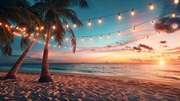 ai genererad tropisk solnedgång strand med hängande lampor foto