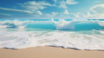 ai genererad skön sandig strand och mjuk blå hav Vinka realistisk fotografi foto