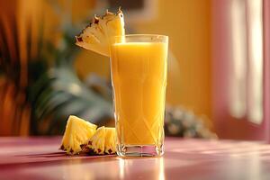 ai genererad glas av ananas juice på tabell i Kafé, närbild. foto