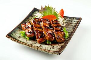 ai genererad teriyaki eras på en tallrik isolerat på en vit bakgrund foto