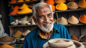 ai genererad porträtt av åldrig lugna leende ansikte av gammal hindu man försäljning en olika kryddor i affär på de indisk gata marknadsföra. lantbruk industri, mat industri, arbetssätt människor foto