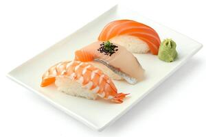 ai genererad sushi eras på en tallrik isolerat på en vit bakgrund foto