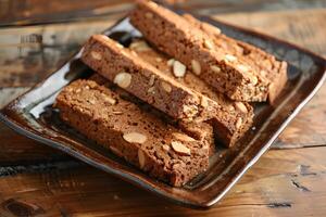 ai genererad biscotti med mandlar på en trä- tabell foto