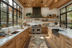 ai genererad interiör design av en modern bondgård kök med trä- skåp och flytande hyllor stil fotografi foto