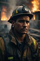 ai genererad mod mitt i kaos, en efterhängsen porträtt av en brandman kamp foto