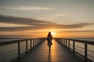 ai genererad, en person utseende på de solnedgång som hon promenader på en bro foto