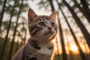 ai genererad filmiska humör gyllene timme solnedgång och förtjusande kattunge porträtt genererad förbi ai foto