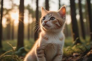 ai genererad filmiska humör gyllene timme solnedgång och förtjusande kattunge porträtt genererad förbi ai foto