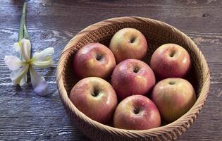 topp se av skål av fugi äpplen på naturlig trä yta foto