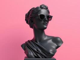 ai genererad gammal grekisk kvinna svart färgad staty bär solglasögon. sten skulptur av kvinna huvud på rosa bakgrund för modern konst. element för collage i de y2k stil. gudinna gips lera foto