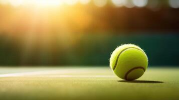 ai genererad makro Foto av tennis boll på gräs med suddig stadion bakgrund. sporter bakgrund med kopia Plats och Sol stråle
