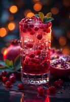 ai genererad granatäpple cocktail med färsk granatäpple frön och is på mörk bakgrund foto