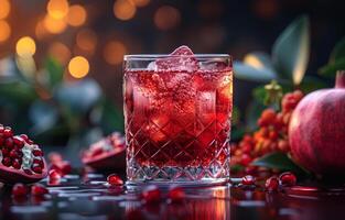 ai genererad röd cocktail med is och granatäpple på mörk bakgrund foto