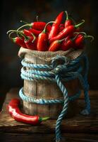 ai genererad röd varm chili paprikor i säck. en röd chili paprikor insvept i blå rep på en trä- tabell foto