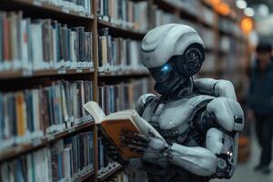 ai genererad cyborg läsning bok i bibliotek robot stående i främre av hylla med böcker foto