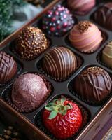 ai genererad choklad och choklad täckt jordgubbar i en gåva låda foto