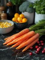 ai genererad färsk organisk morötter och Övrig grönsaker på kök disken foto