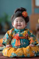 ai genererad liten bebis flicka är Sammanträde på de golv i traditionell kinesisk klänning foto