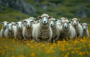 ai genererad stor besättning av får. en får besättning på gräs- bakgrund foto
