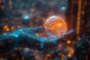 ai genererad cyborg hand innehav hjärna hologram över stad på natt. foto