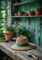 ai genererad sugrör hatt och trädgård verktyg på trä- tabell foto
