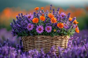 ai genererad korg med lavendel- och orange blommor foto