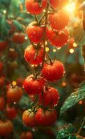 ai genererad mogen röd tomater hänga på gren i de trädgård foto