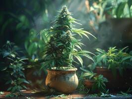 ai genererad inomhus- odling av cannabis. detta bild visar blommande cannabis växt i pott foto