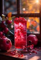 ai genererad granatäpple juice och granatäpple frön på trä- tabell foto