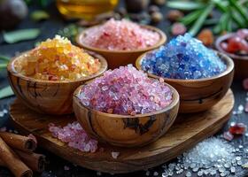 ai genererad himalayan salter hav salt och rosa salt i trä- skålar på trä- tabell foto