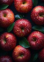 ai genererad röd äpplen med vatten droppar på mörk bakgrund foto