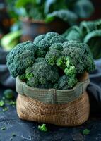 ai genererad färsk broccoli i korg på mörk bakgrund foto
