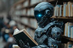 ai genererad robot läsning bok i bibliotek foto