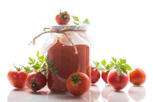kokta hemlagad tomat juice konserverad i en burk av naturlig tomater. foto