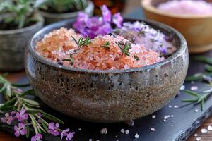 ai genererad skål av rosa himalayan salt med rosmarin och lavendel- blommor foto