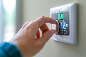 ai genererad hand miljö de temperatur på de termostat i modern Hem. generativ ai foto