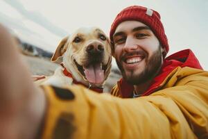 ai genererad leende man tar en selfie med hans hund. generativ ai foto