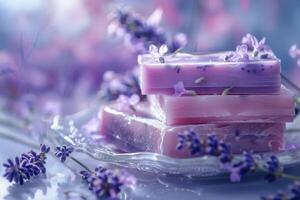 ai genererad doftande naturlig tvål barer med lavendel- blommor. organisk skönhet behandling. generativ ai foto