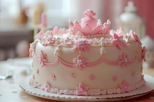 ai genererad söt prinsessa tema födelsedag kaka för en liten flicka med invecklad dekorationer. generativ ai foto