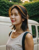 ai genererad Foto av skön asiatisk kvinna med solnedgång ljus nära lastbil, generativ ai