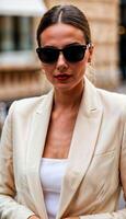 ai genererad Foto av skön europeisk kvinna med beige kostym och vit beskära topp på gata Kafé i Frankrike, generativ ai