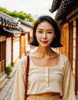 ai genererad Foto av skön asiatisk kvinna med i traditionell lokal- hus byggnad, generativ ai