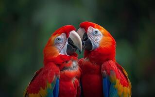 ai genererad en frodig grön bakgrund uppsättningar av intimt uppflugen scharlakansrött papegojor foto