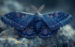 ai genererad magnifik blå fjäril dekorerad med öga symboler foto