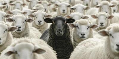 ai genererad stående ut. en flock av vit får med ett djärv svart får i de Centrum, symboliserar individualitet och unikhet. foto